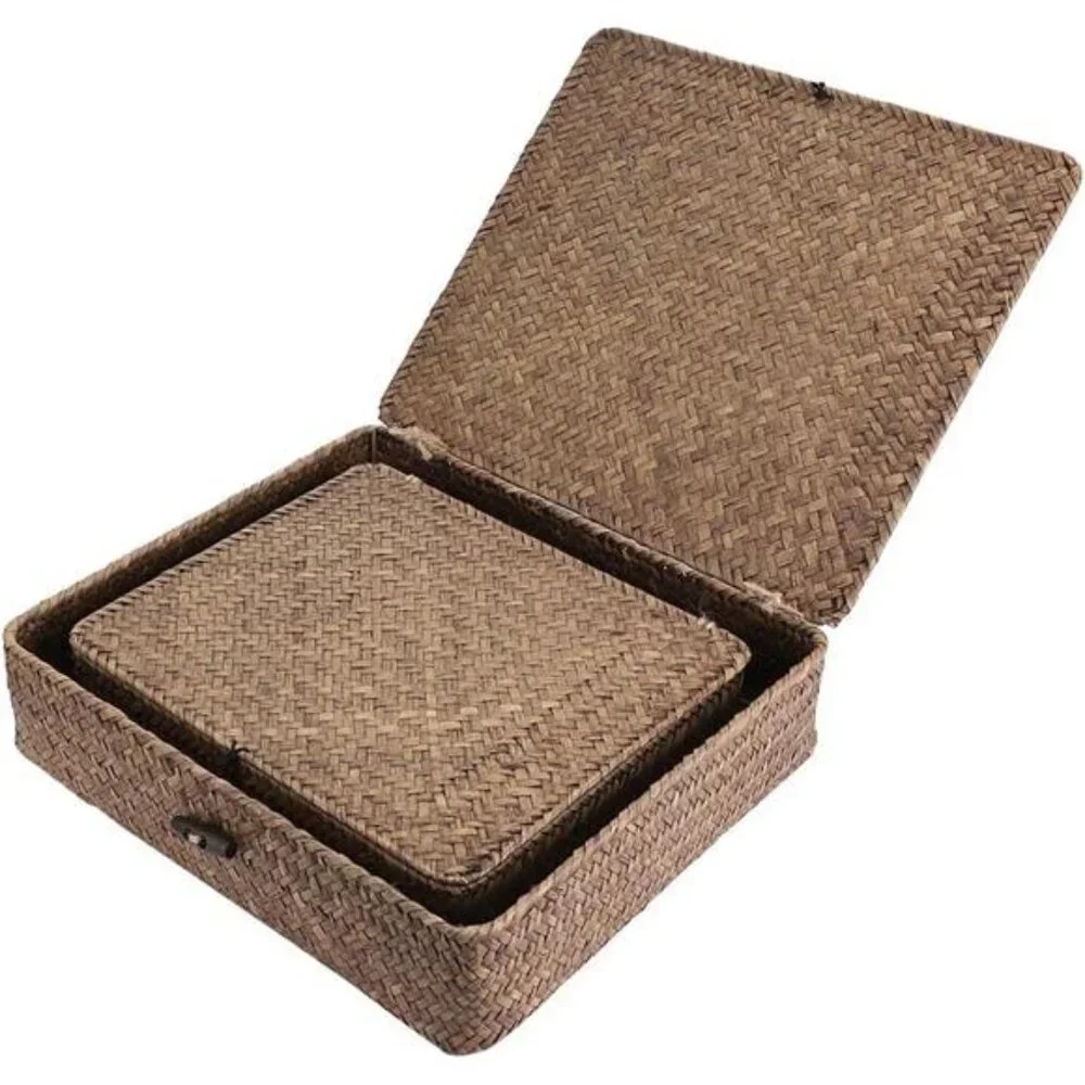 Set of 2 Flat Woven Wicker Storage Bins with Lid Natural Seagrass Basket